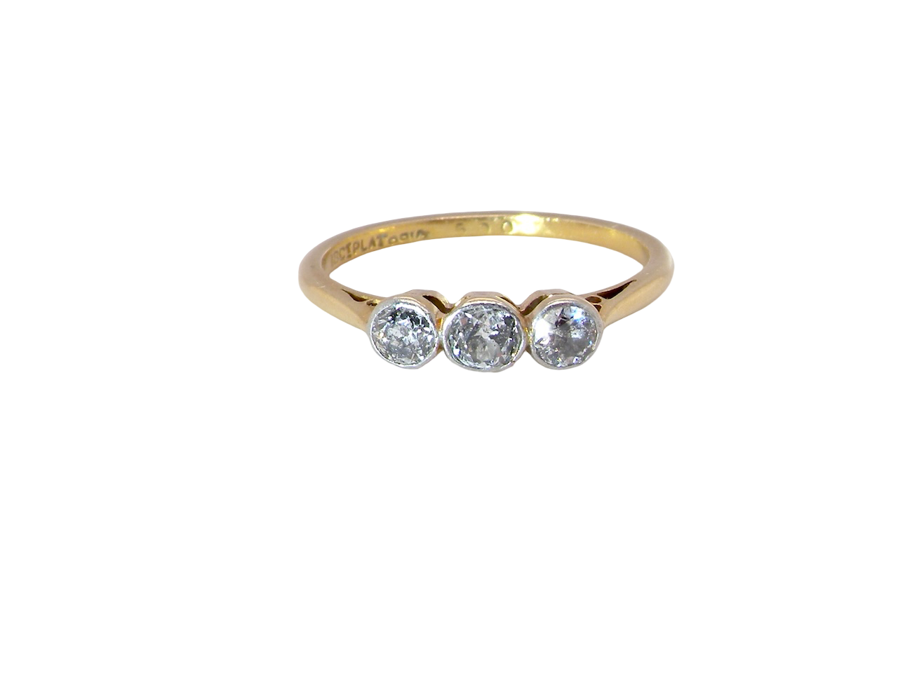 A vintage early 20th century trilogy ring. Set with three old cut diamonds, centre stone 3.8mm, and each side a 3.6mm diamond (total carat weight estimated at 0.55 carats)
