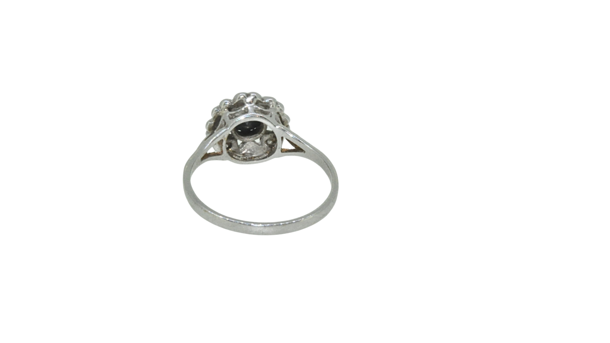 Back view of sapphire and diamond cluster ring