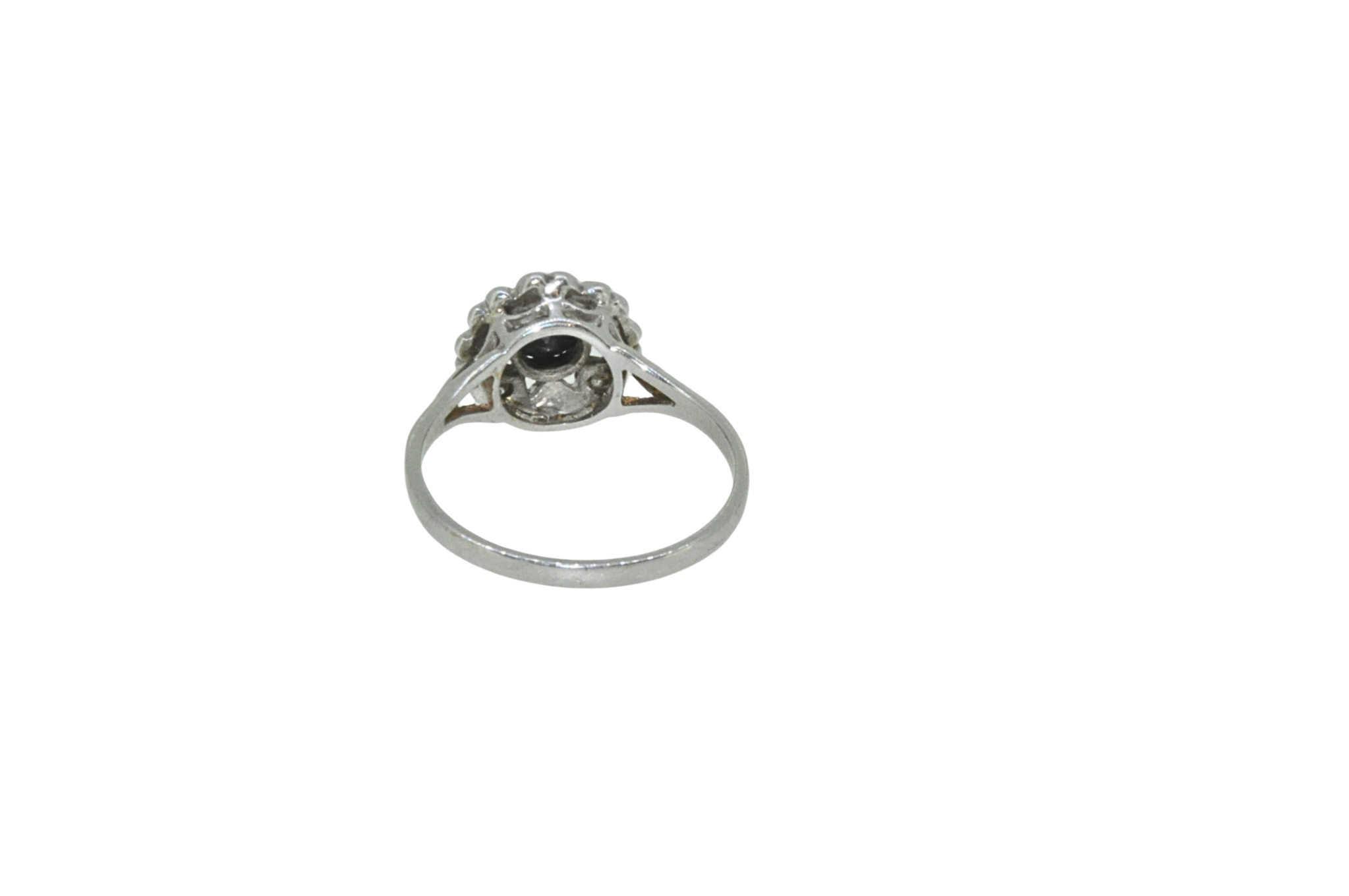 Back view of sapphire and diamond cluster ring