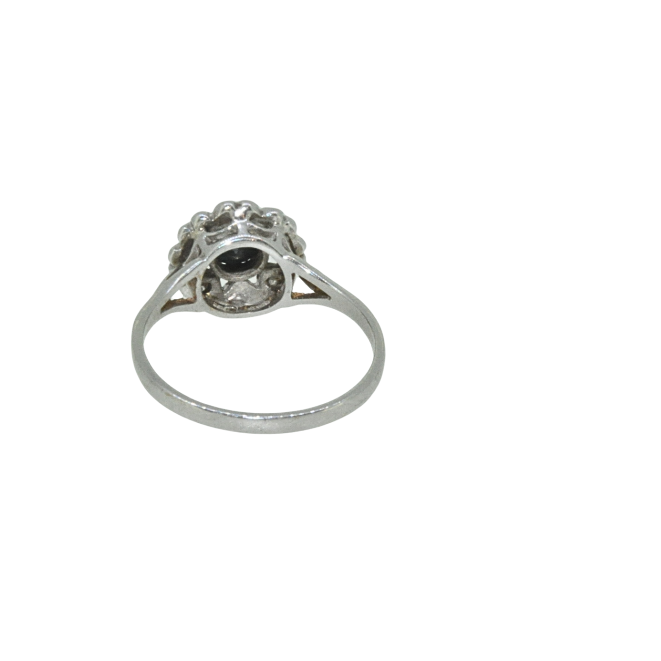 Back view of sapphire and diamond cluster ring