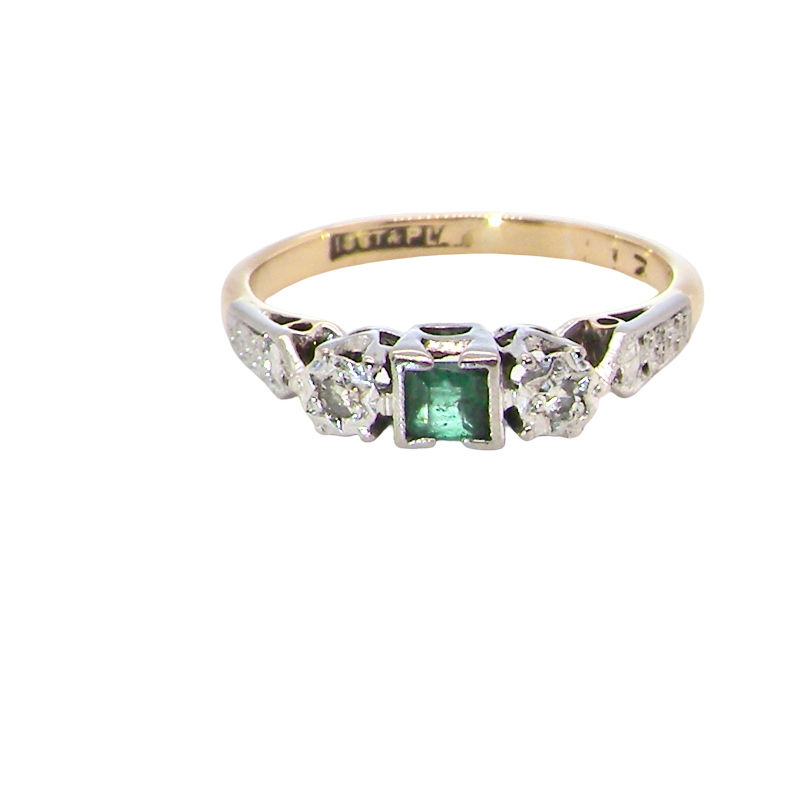 A vintage mid century ring. Centre stone a square emerald 3x3mm (0.15 carats est), rim setting.