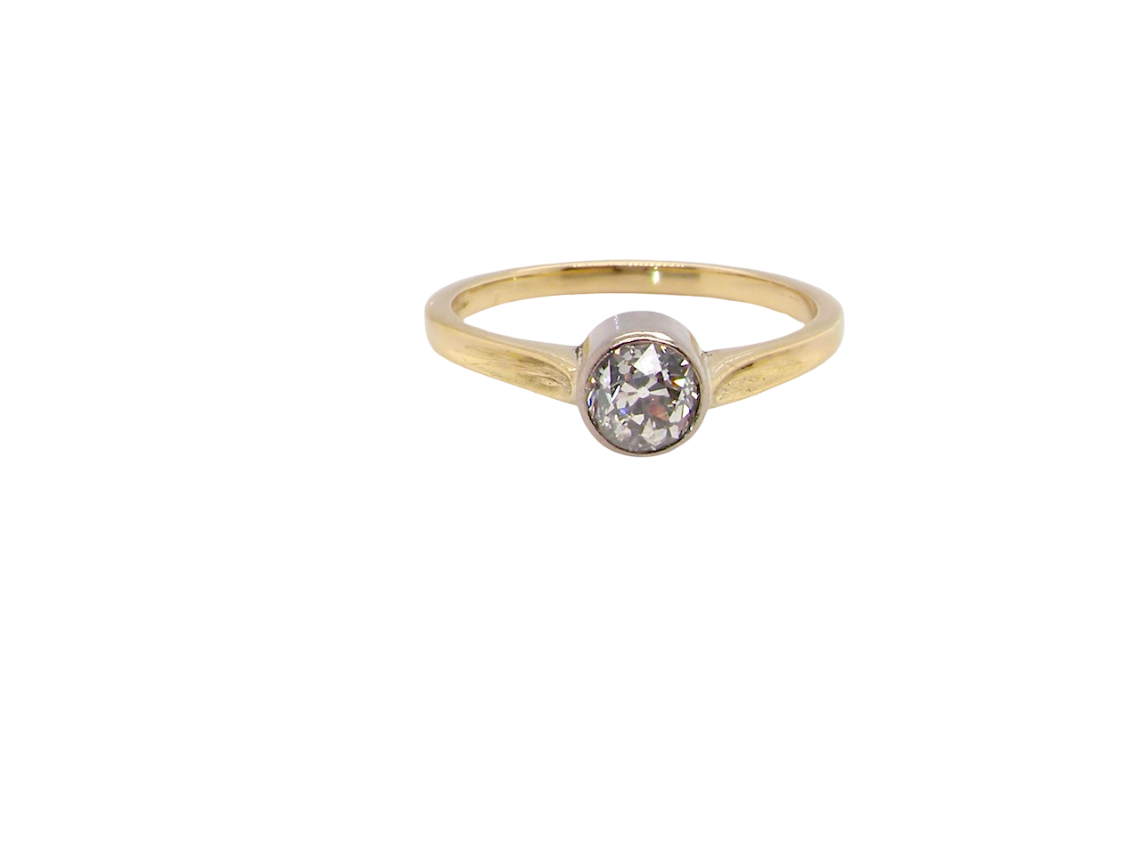 Gold ring with a diamond on a white background