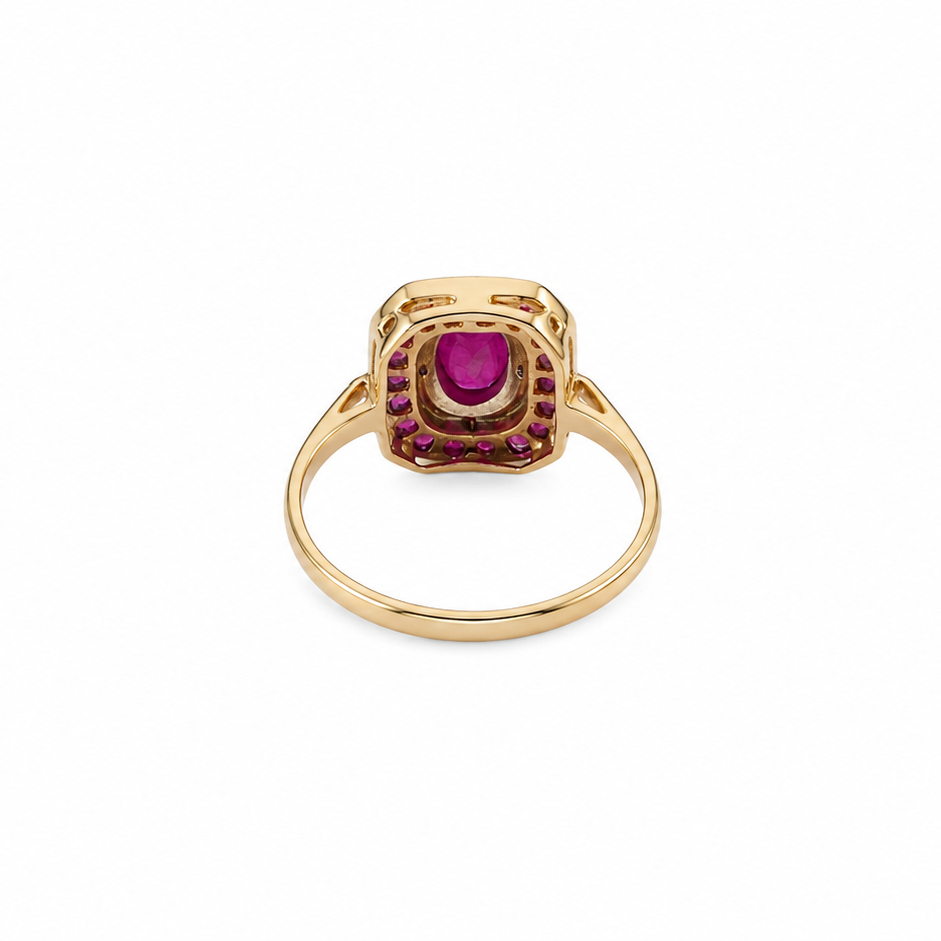 Back view of a ruby diamond vintage style ring
