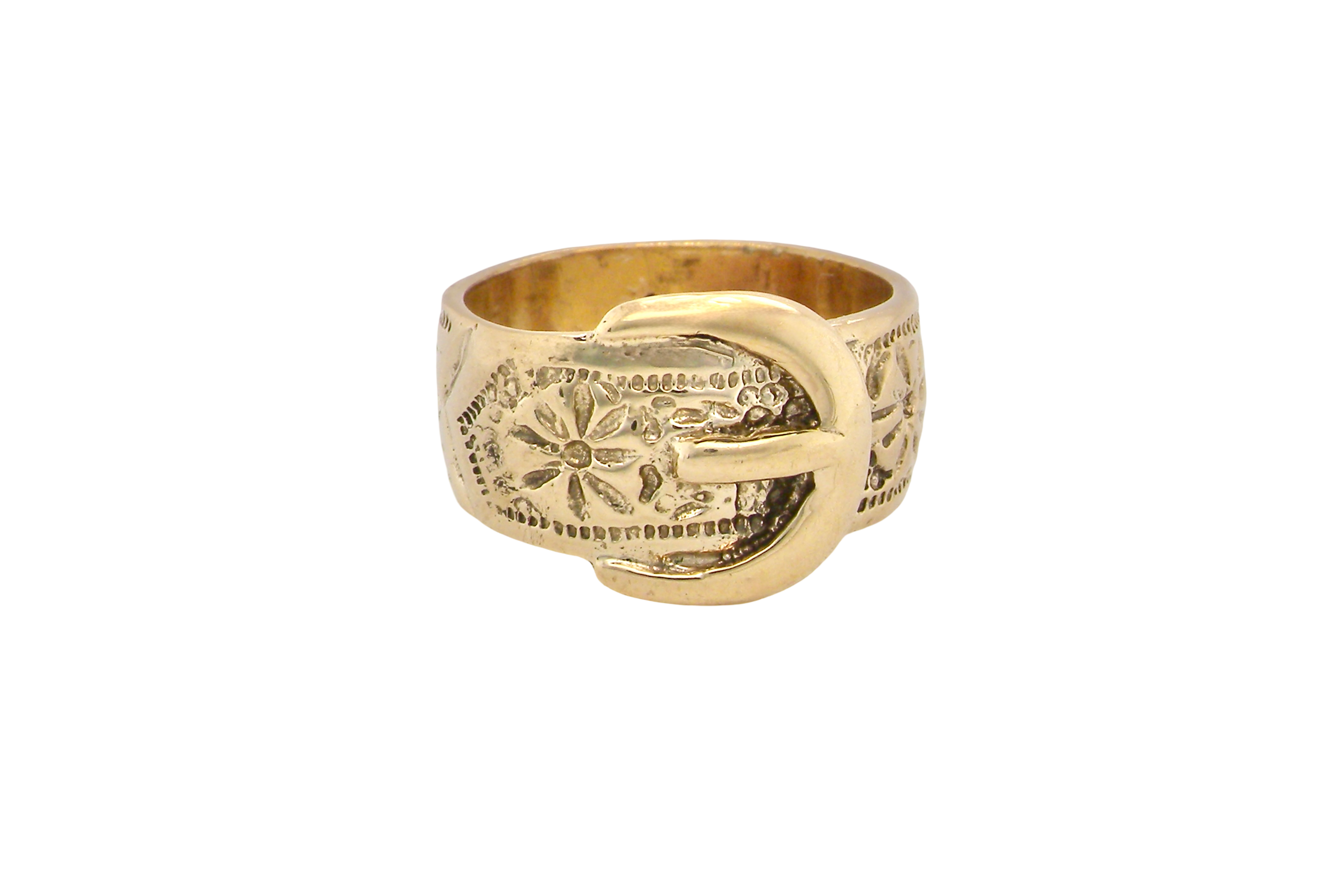 A wide gold buckle ring