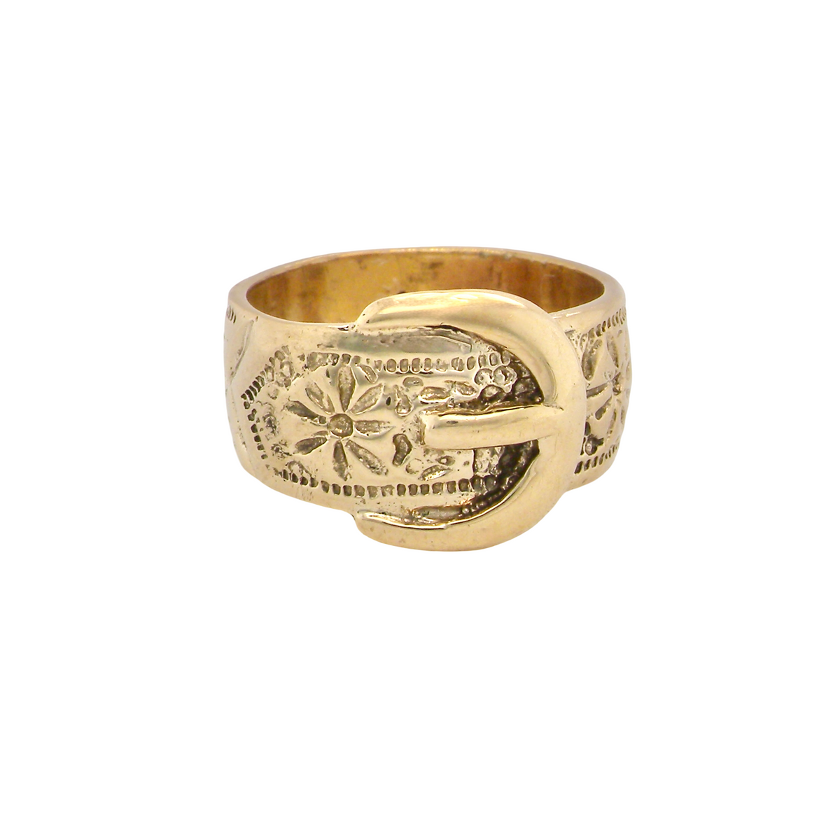 A wide gold buckle ring