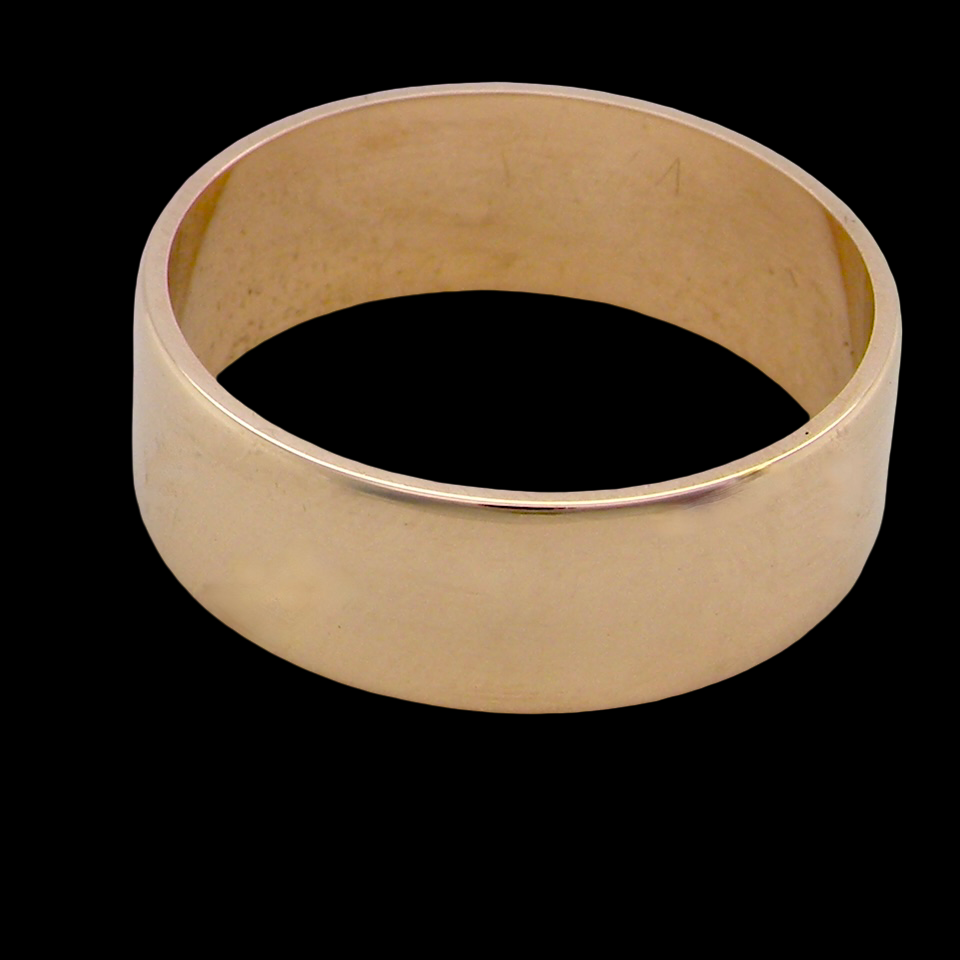 A wide wedding ring 8mm, with a flat profile (not D shape) . Totally plain and re-polished