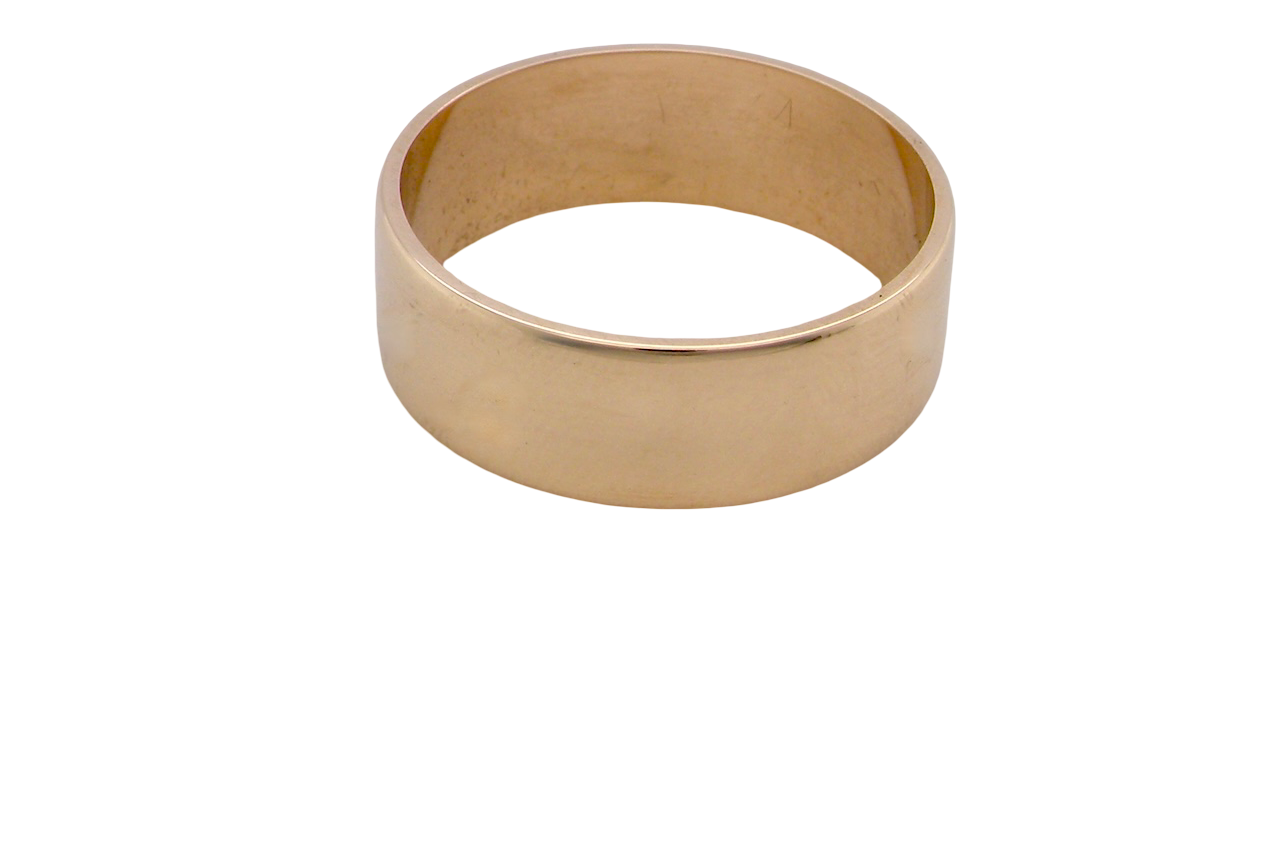 A wide wedding ring 8mm, with a flat profile (not D shape) . Totally plain and re-polished to near perfect condition.