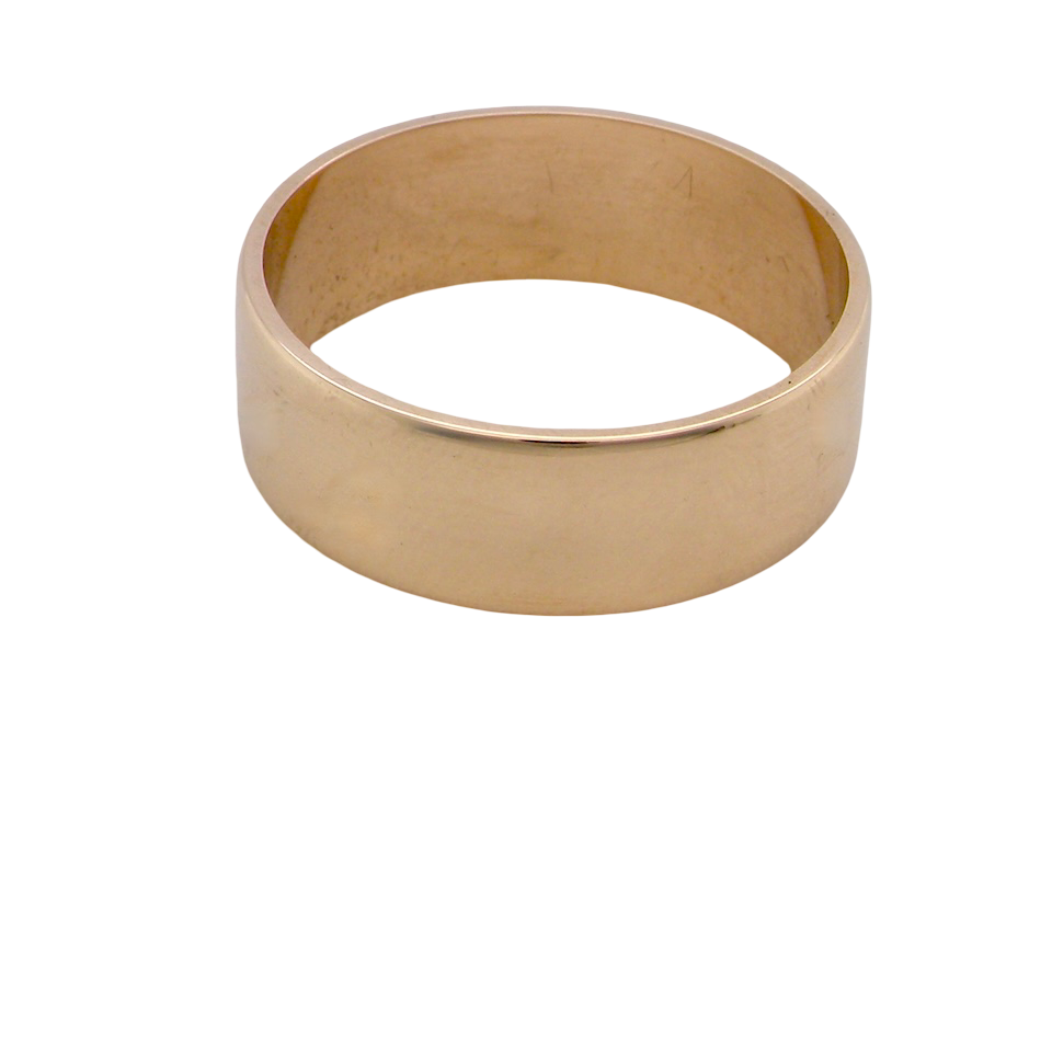 A wide wedding ring 8mm, with a flat profile (not D shape) . Totally plain and re-polished to near perfect condition.