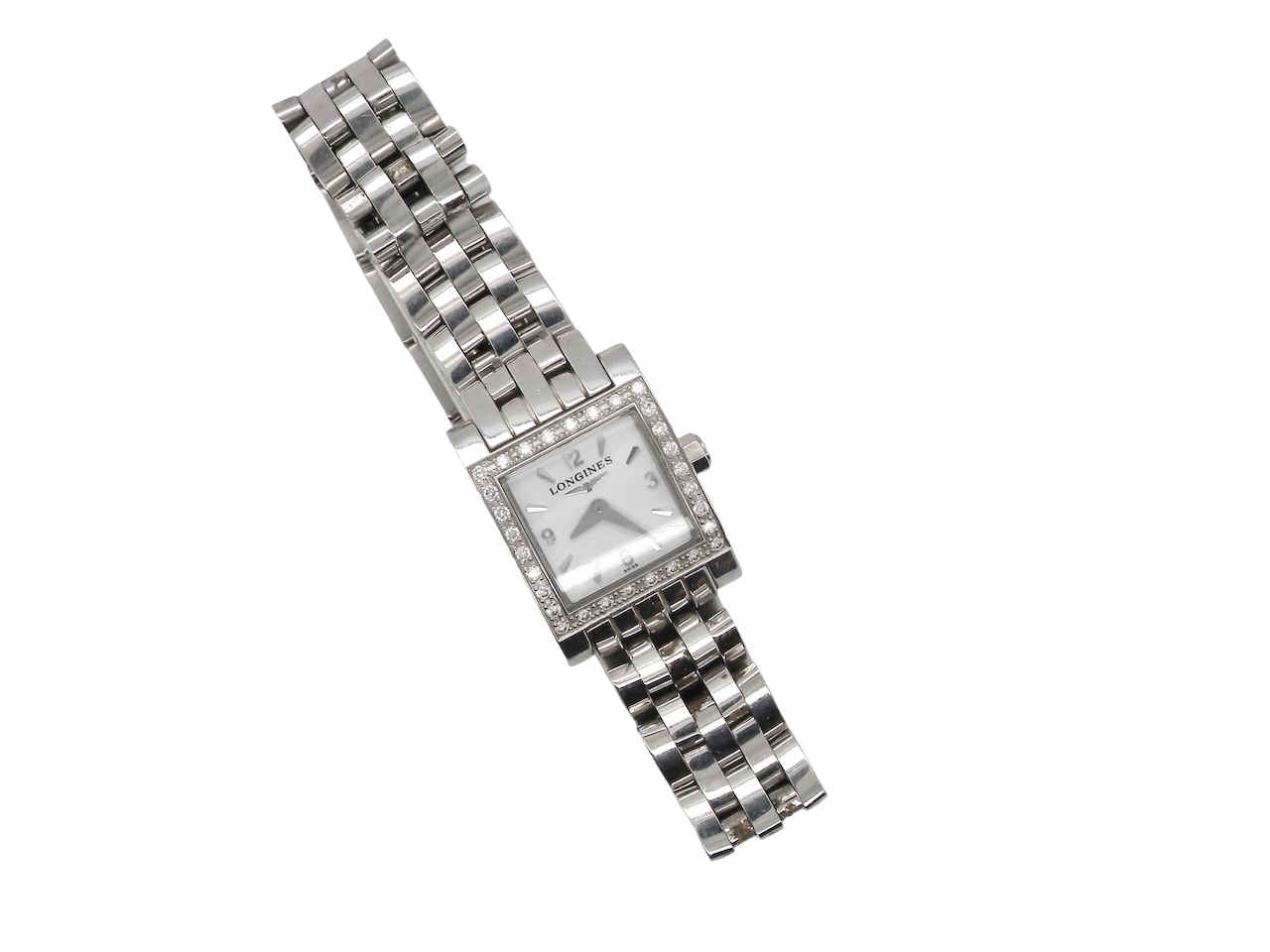 Silver watch with diamond-studded face on a white background