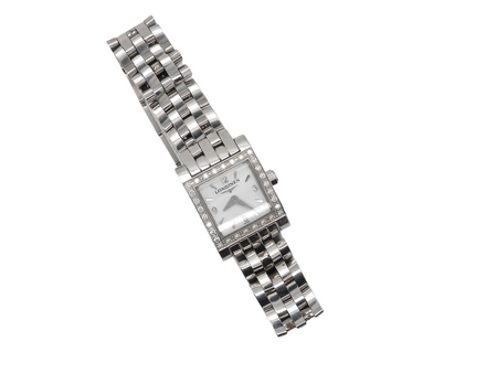 Silver watch with diamond-studded face on a white background