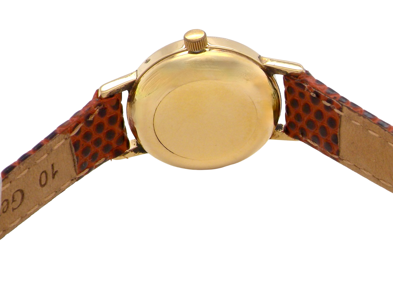 Gold watch with a brown leather strap on a white background