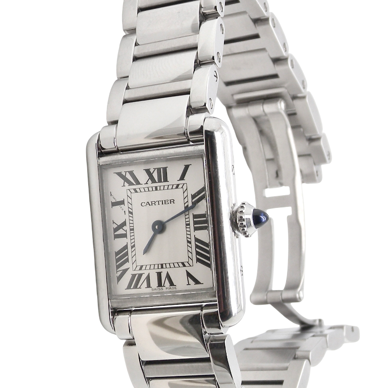 A womans stainless steel Cartier Tank Must wrist watch. Model number WSTA0051.
Silver coloured dial with Roman Numerals. Blue steeled hands. Case measures 29.5x22mm, case thickness 6.6mm. Quartz