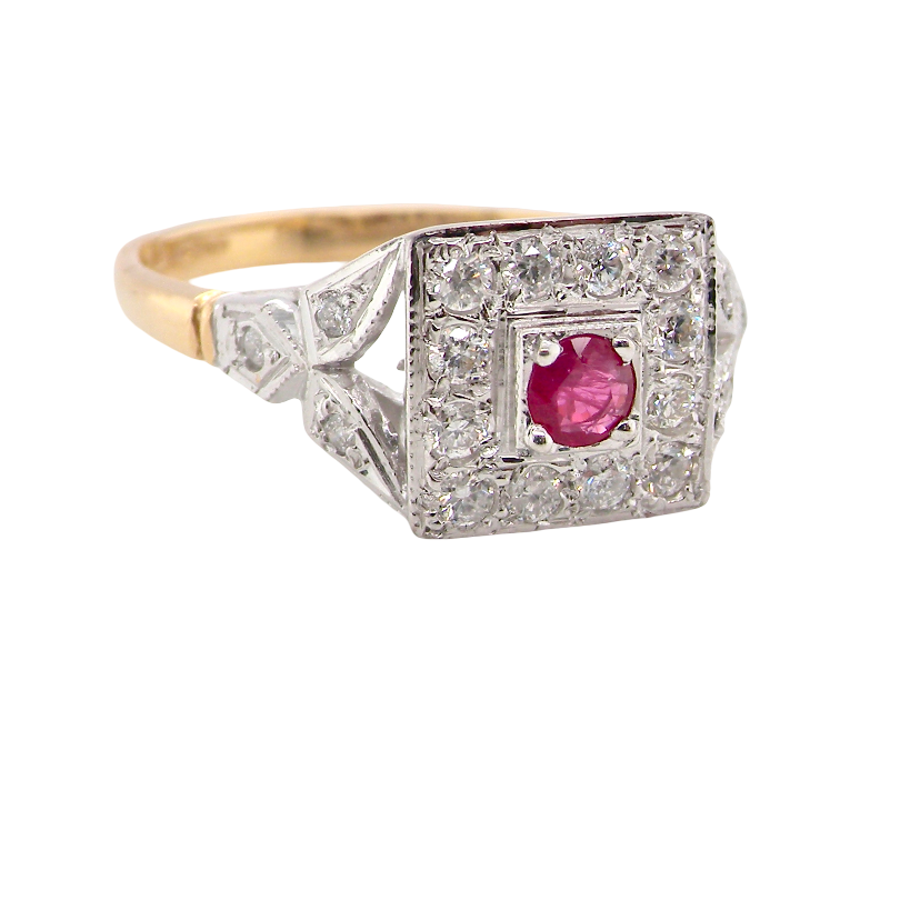 An 18 carat gold square cluster that features to the centre a round ruby and a halo of brilliant cut white diamonds.