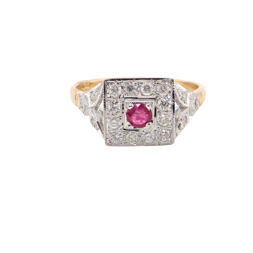 An 18 carat gold square cluster that features to the centre a round ruby and an outer halo of brilliant cut white diamonds.