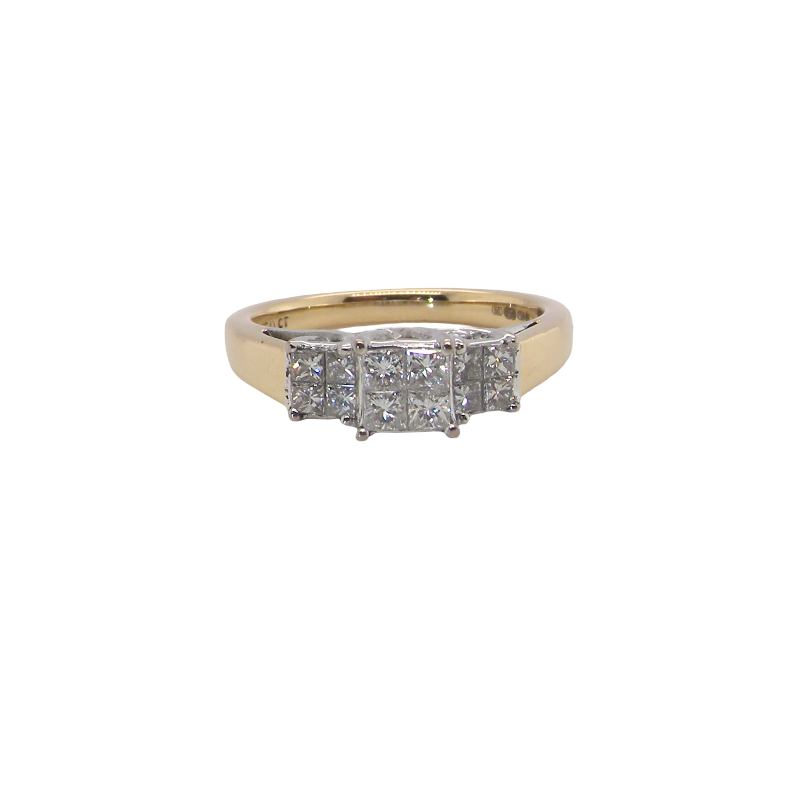 A yellow gold ring featuring a row of three princess-cut diamonds and three round diamonds on a plain white background.