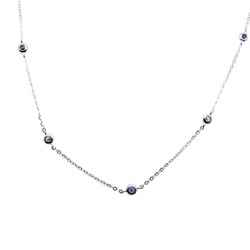 An 18 carat white gold necklace set with miniature precious gemstones.