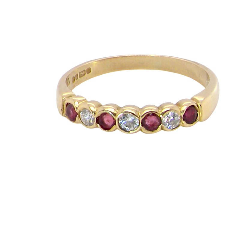 An 18 carat yellow gold half hoop eternity ring. Set with four rubies, 3mm each.
Set with alternate diamonds, each 3mm (0.10 carats each) colour i-j, clarity Si.