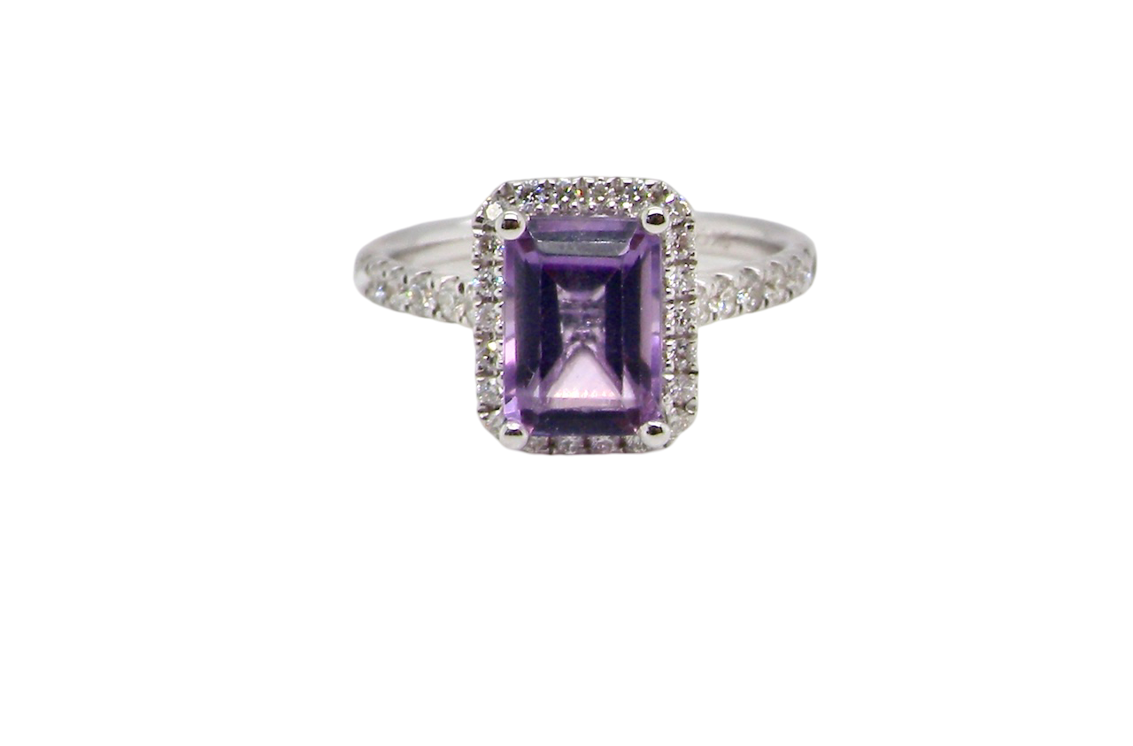 An Amethyst and Diamond rectangular cluster ring