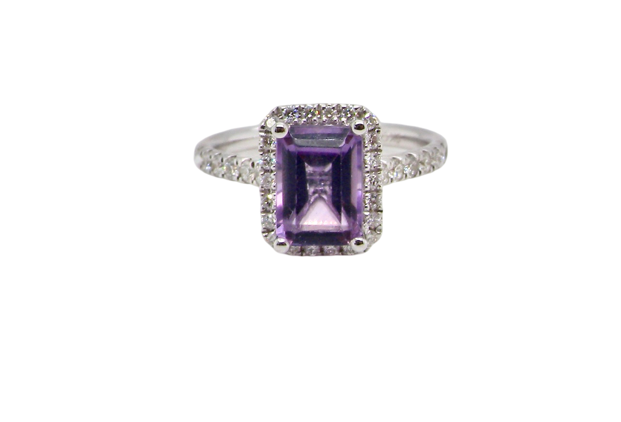 An Amethyst and Diamond rectangular cluster ring