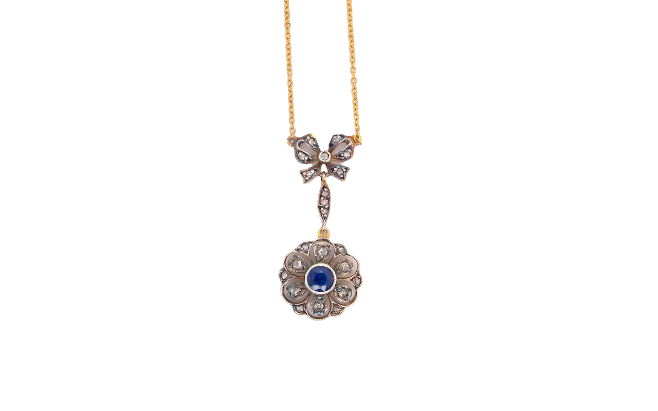 An Antique Edwardian Sapphire & Diamond Pendant – 15ct Gold, c.1900