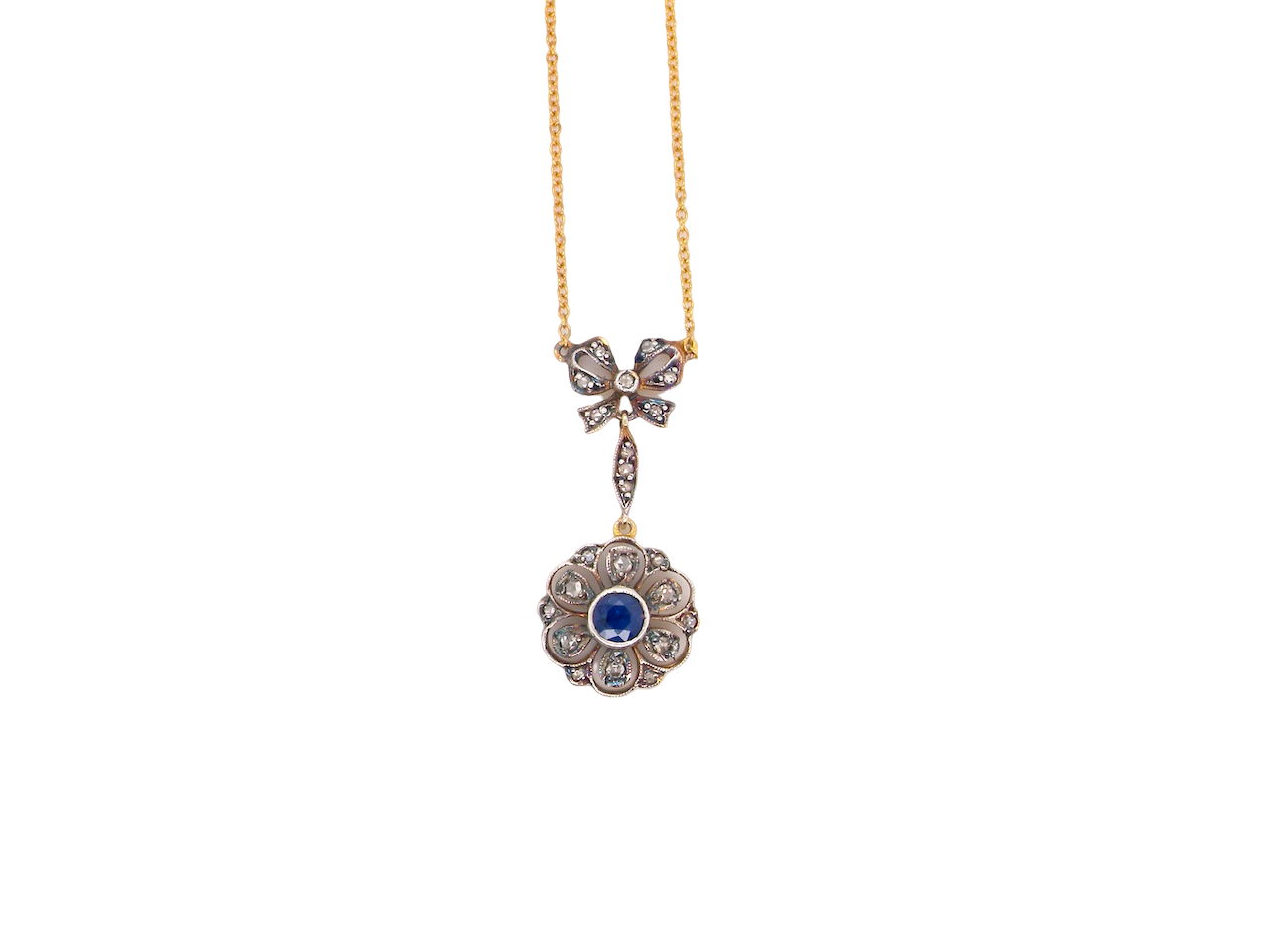 An Antique Edwardian Sapphire & Diamond Pendant – 15ct Gold, c.1900