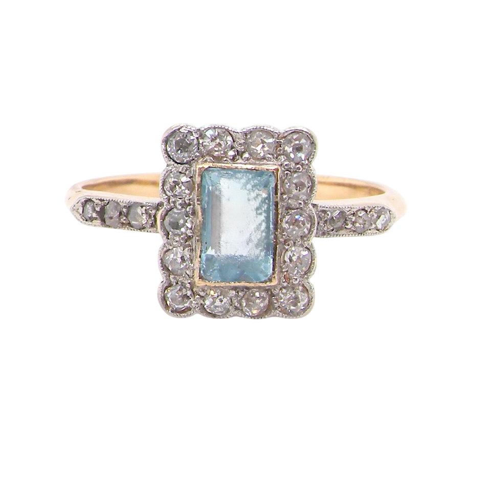 A Vintage Aquamarine and Diamond Cluster Ring