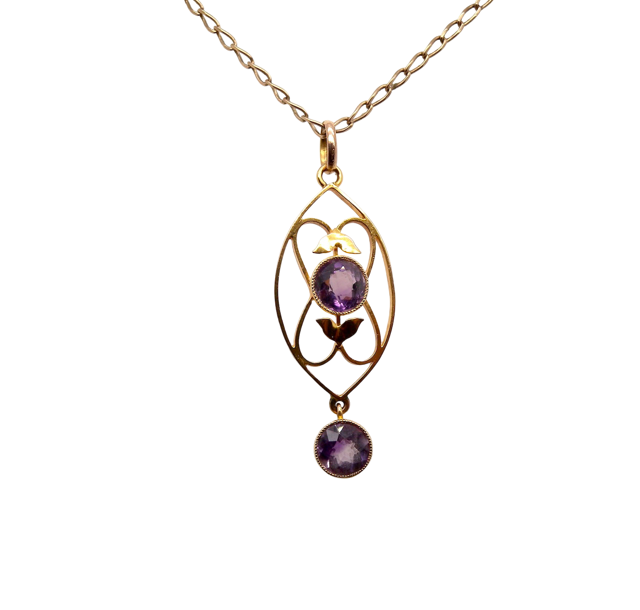 An Edwardian pendant set with two amethyst gemstones