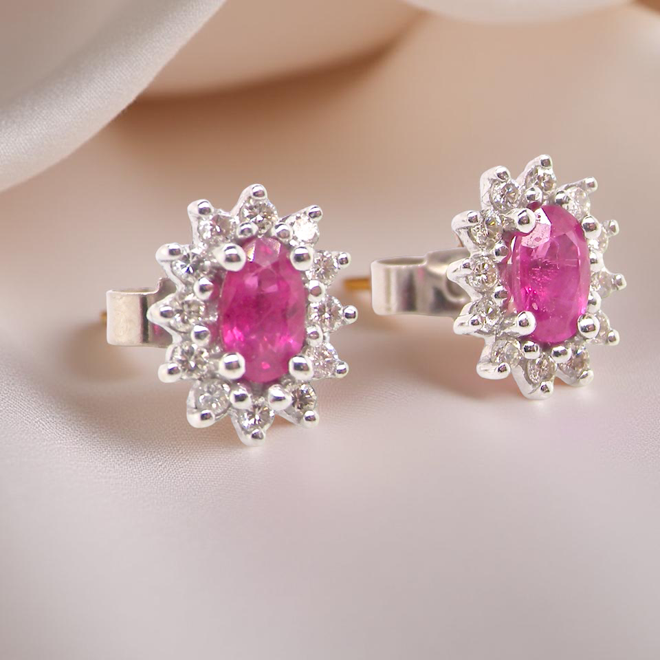 An Elegant Pair of Ruby & Diamond Cluster Earrings