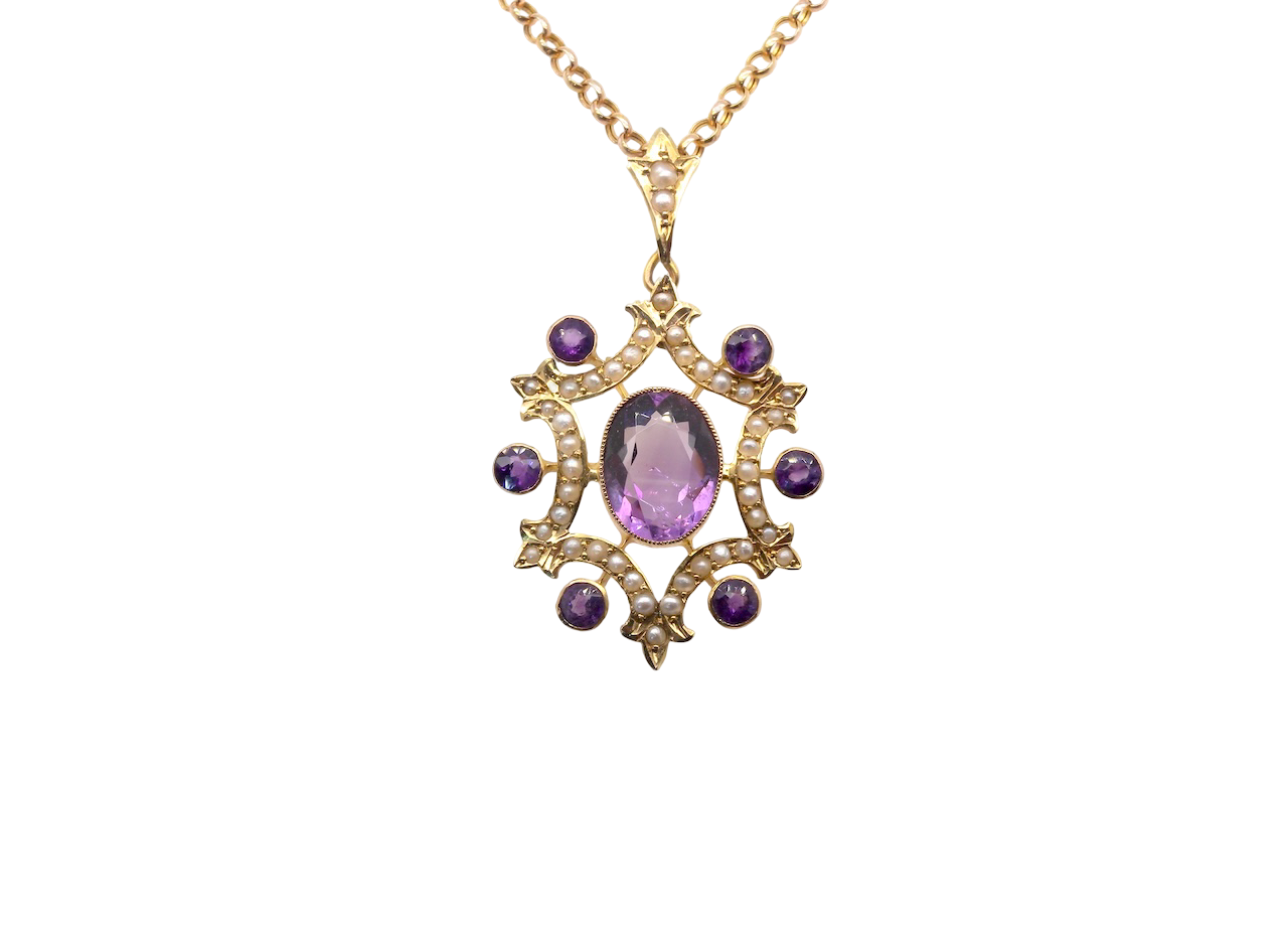 An antique amethyst and pearl pendant