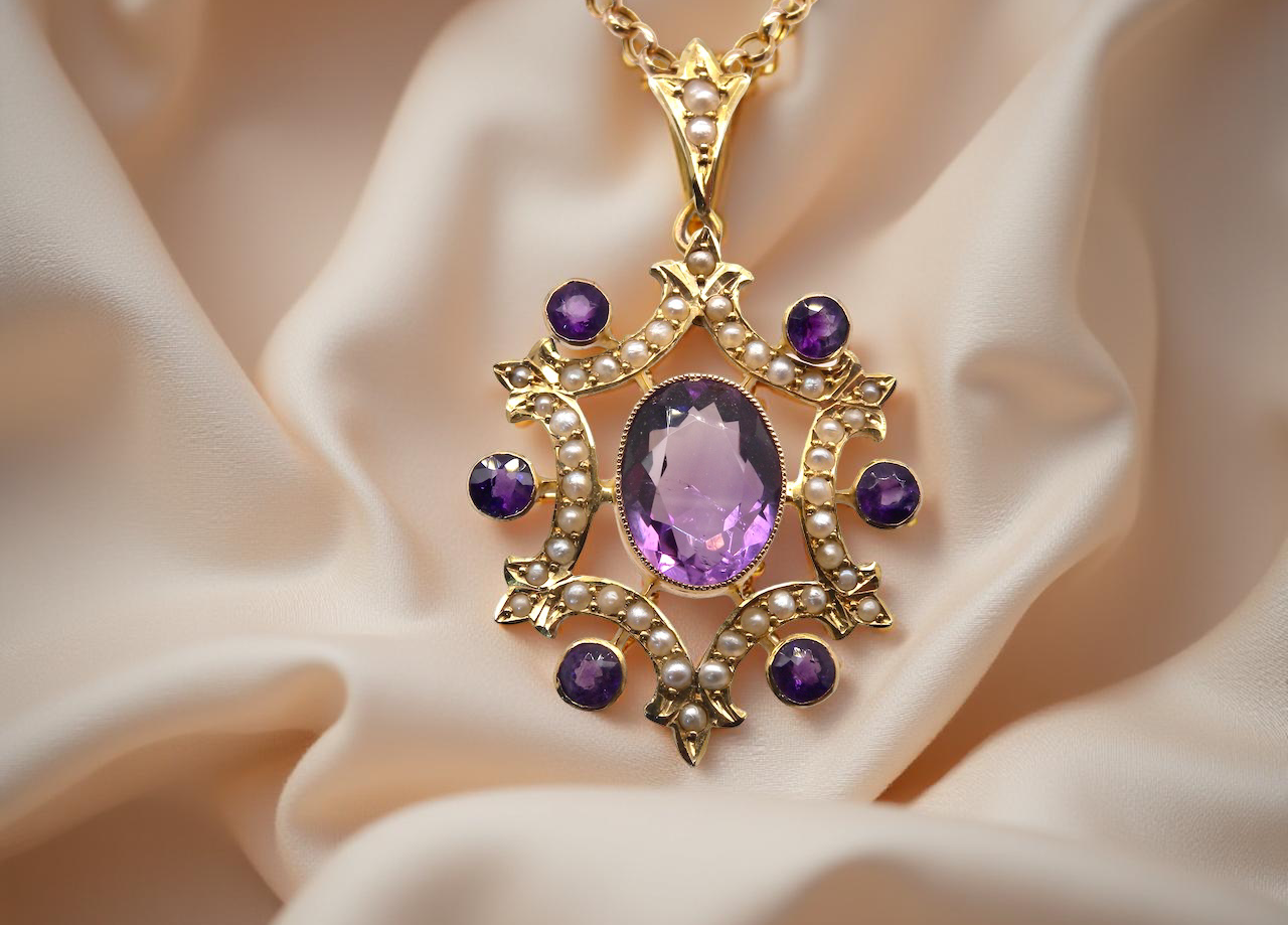 Gold pendant with purple gemstone on a beige fabric background