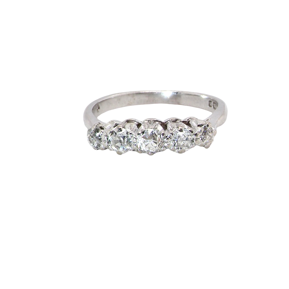 An elegant 18 carat white gold five-stone ring set with brilliant-cut white diamonds. The centre diamond measures 3.4mm, flanked by two 3.0mm stones and finished with 2.8mm diamonds at each end, creating a beautifully balanced graduated design.