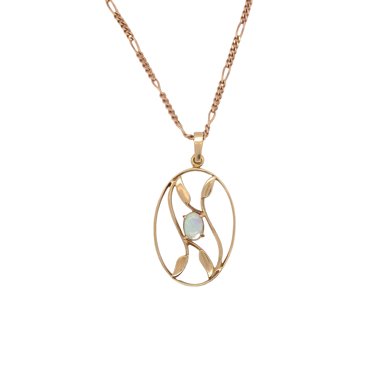 An elegant Art Deco style pendant featuring a beautiful oval opal measuring 6 × 4 mm, displaying a lovely play of colour.