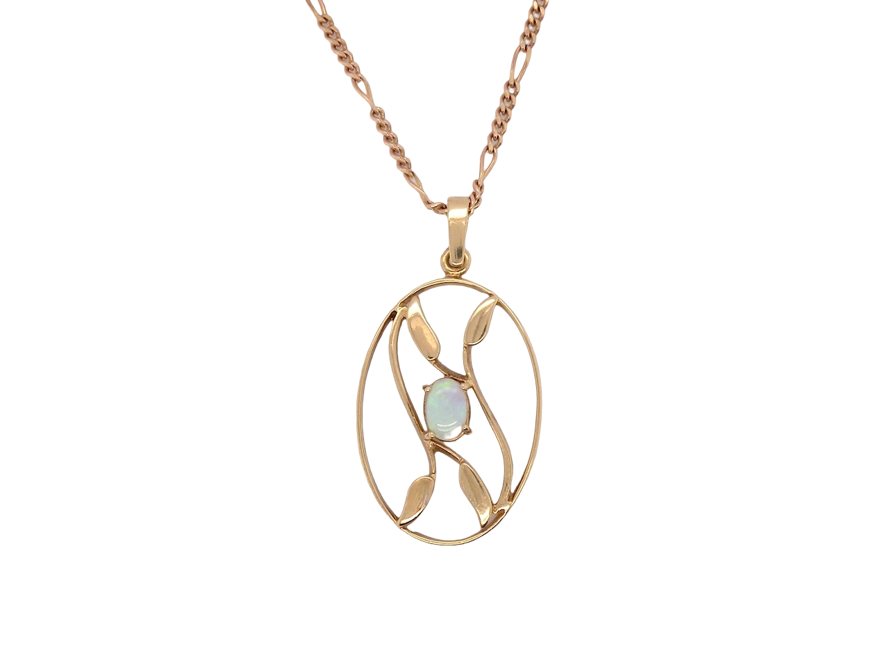 An elegant Art Deco style pendant featuring a beautiful oval opal measuring 6 × 4 mm, displaying a lovely play of colour.
