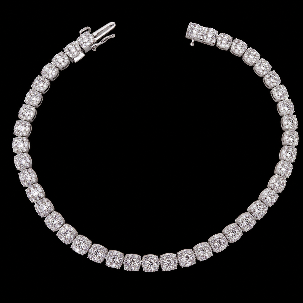 A tennis bracelet made of round brilliant-cut diamonds set in a silver-toned metal, arranged in a circular shape against a solid black background.