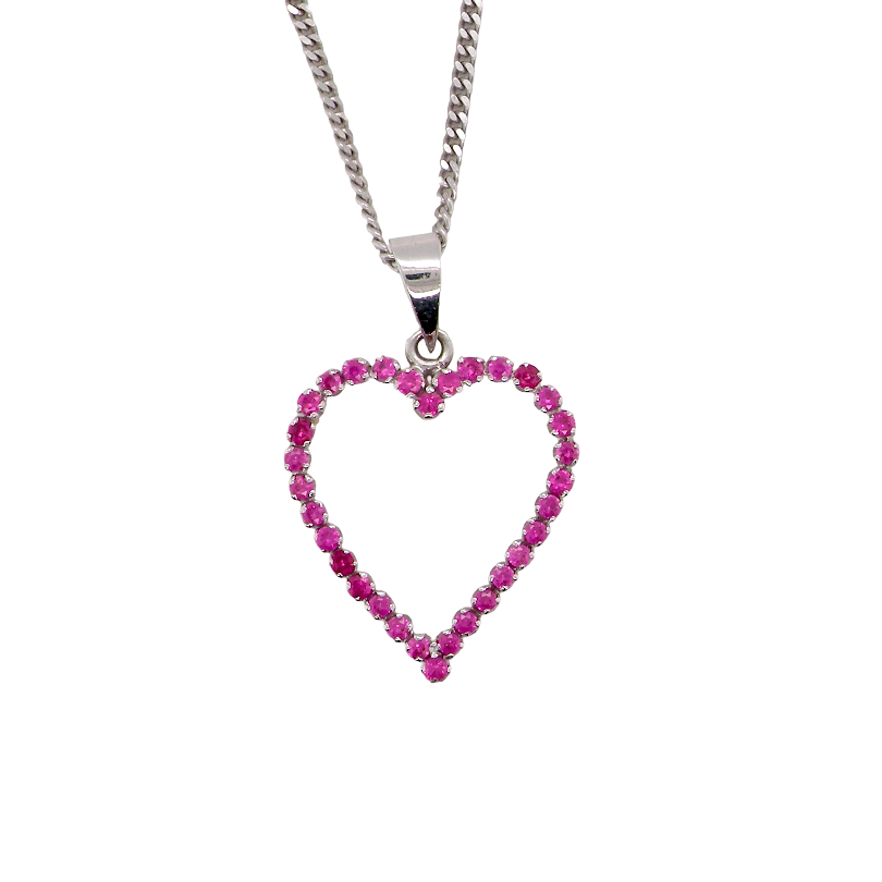 An elegant and beautifully crafted open heart pendant, set with a delightful arrangement of delicate pink sapphires, creating a charming and feminine design.