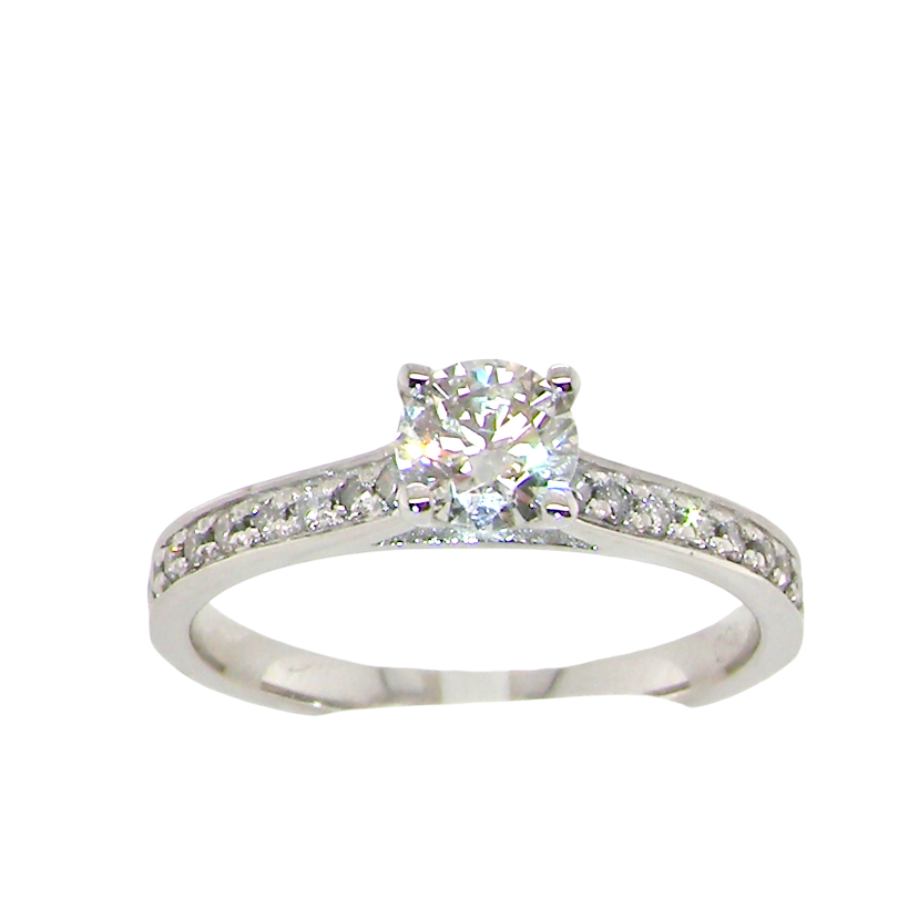 A diamond engagement ring with a round-cut center stone and a pavé band set with small diamonds, shown on a plain white background.