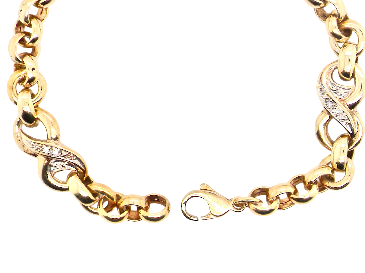 An elegant and wearable 9 carat gold bracelet featuring distinctive diamond-set “kiss” style links, beautifully with classic belcher connectors.