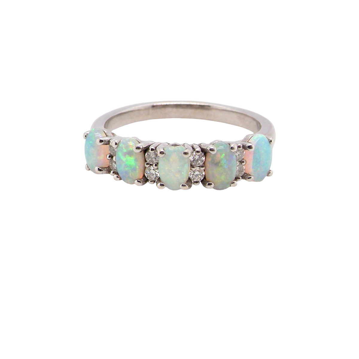 An elegant opal and diamond half hoop ring, featuring five oval opals with lively play of colour. Each opal measures 5 x 3mm, with an estimated total opal weight of approximately 0.75 carats, all claw set
