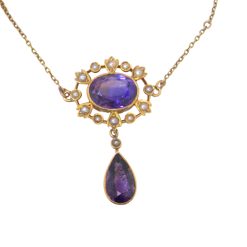 An elegant pendant from the late part of the 19th century. This Victorian pendant features two luxurious amethyst gemstones,