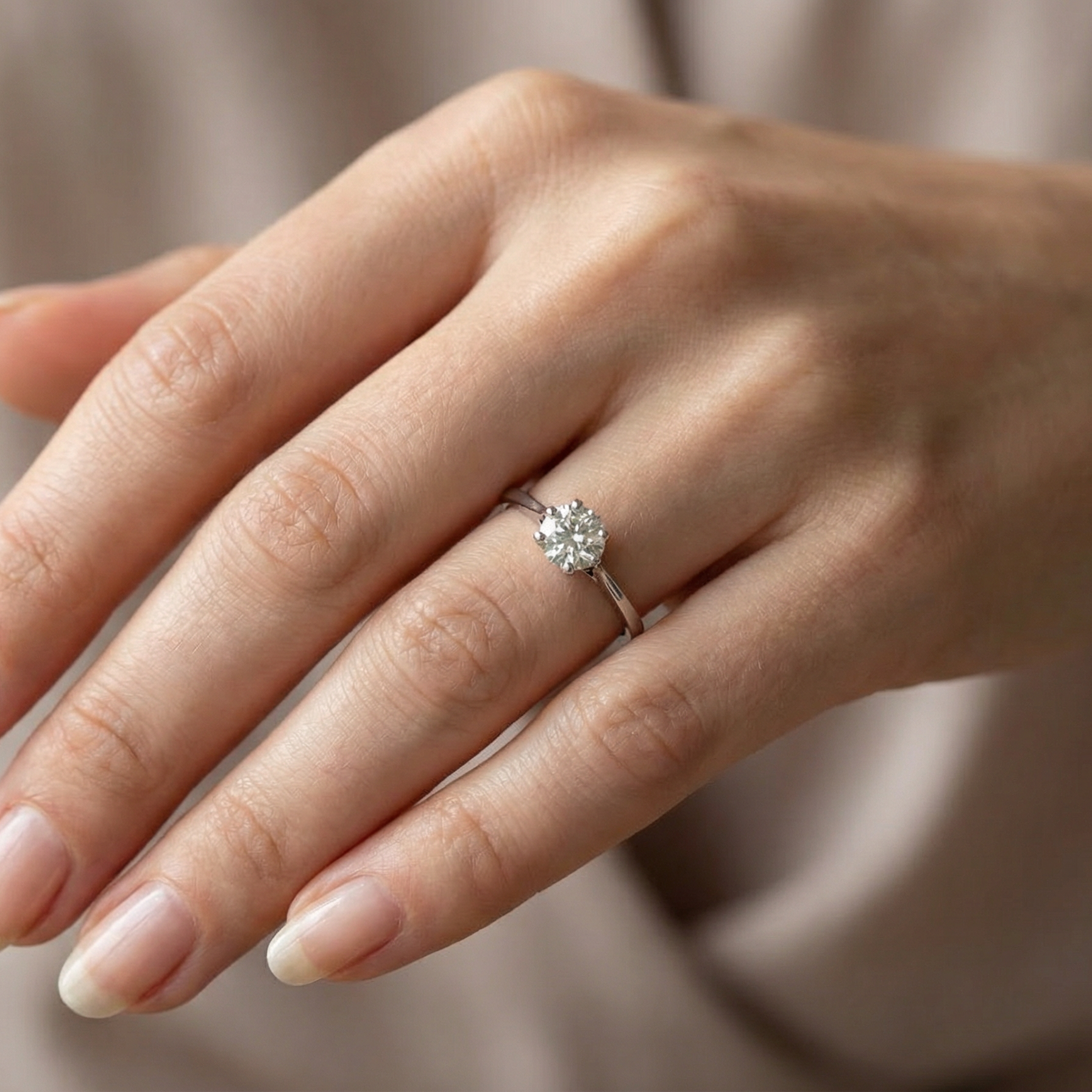 finger view An elegant single-stone solitaire ring set with an exceptional brilliant-cut white diamond, estimated at approximately 0.91 carats.