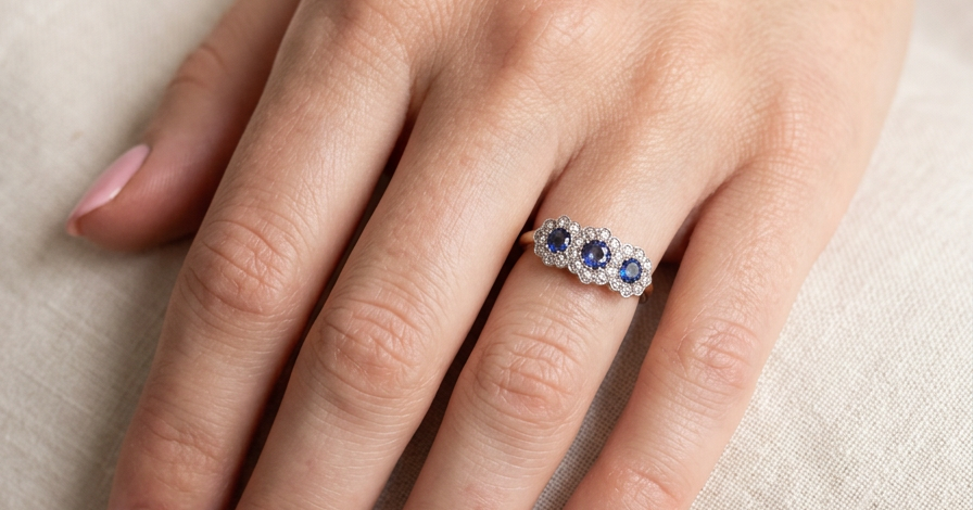 An impressive multi cluster ring. Set with three cornflower blue sapphires to each centre, 4.3mm, and each side a 3.3mm sapphire. Based on an Edwardian design
hand