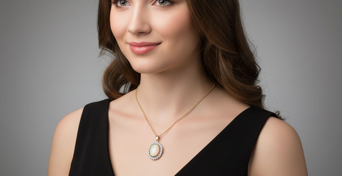 Woman wearing a black dress and gold necklace with a pendant on a gray background