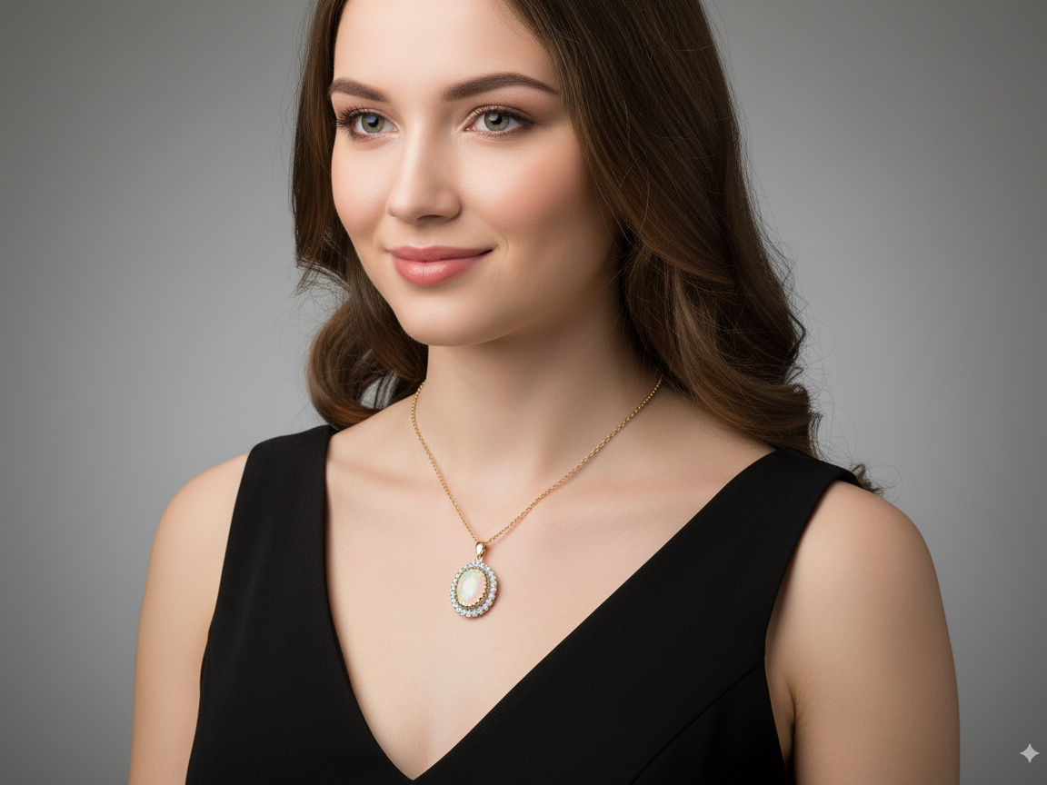Woman wearing a black dress and gold necklace with a pendant on a gray background