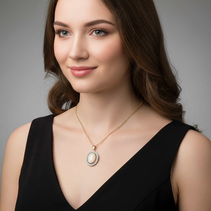 Woman wearing a black dress and gold necklace with a pendant on a gray background