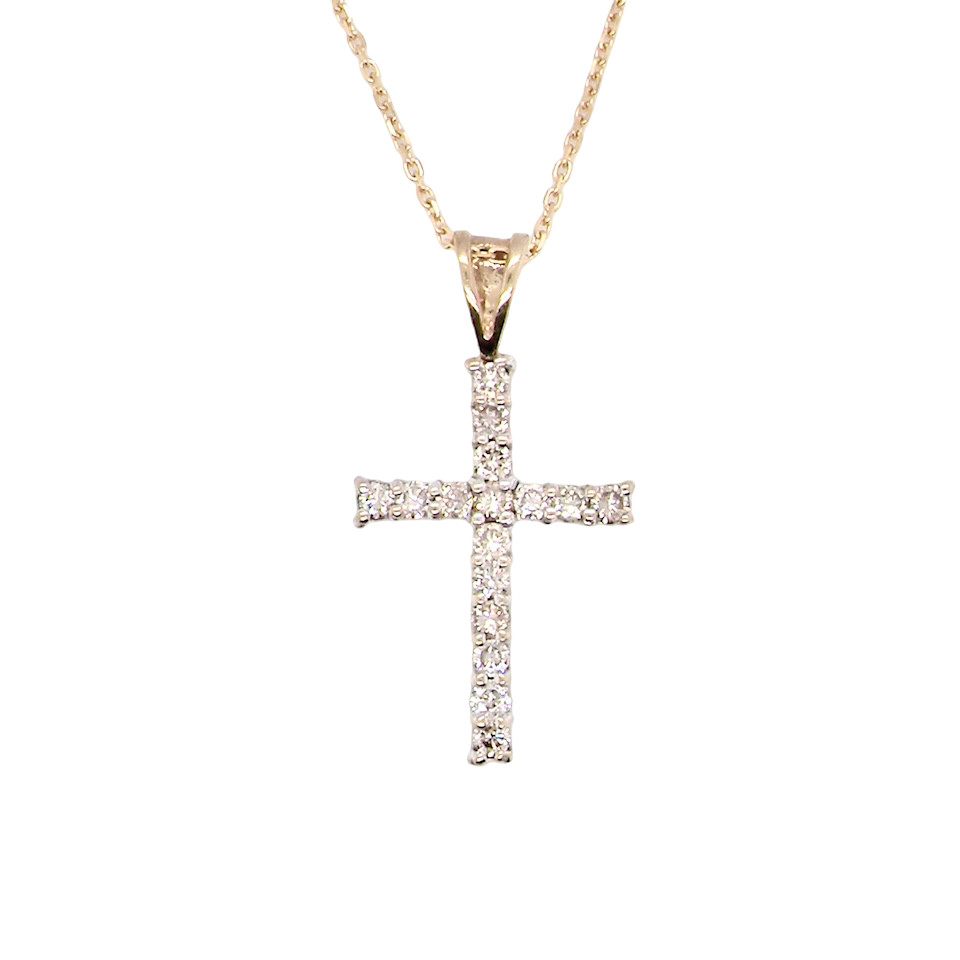 A 9 carat gold cross pendant. Set with fifteen small brilliant cut white diamonds.
Each 1.6mm, total carat weight estimated at 0.30 carats. Colour i-k, clarity Si. Overall size 18x12.5mm. Attached to an 18' neck chain.