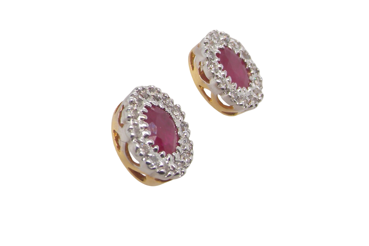 Suggestion
Pair of earrings with red gemstones and diamond-like stones on a white background