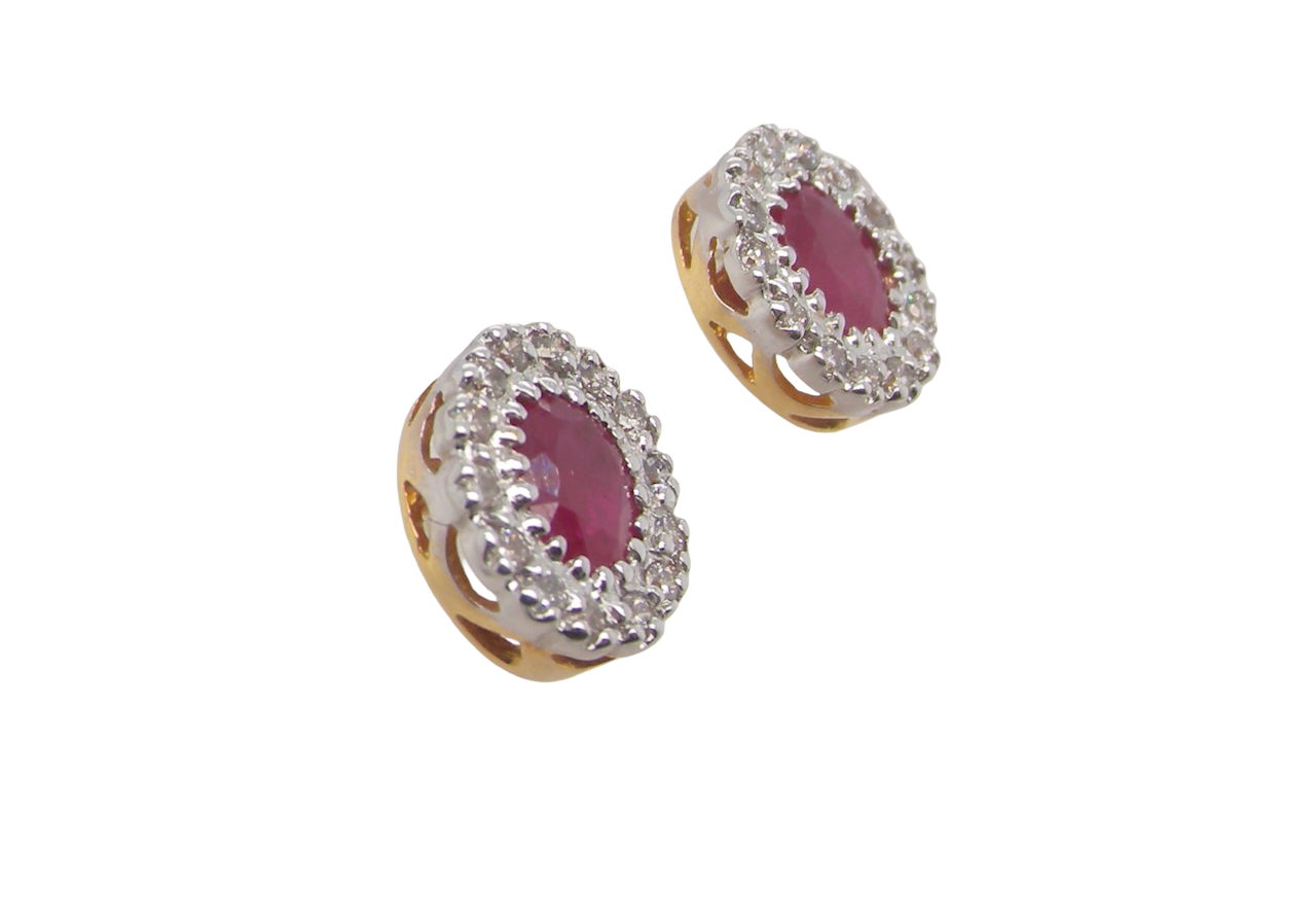 Suggestion
Pair of earrings with red gemstones and diamond-like stones on a white background