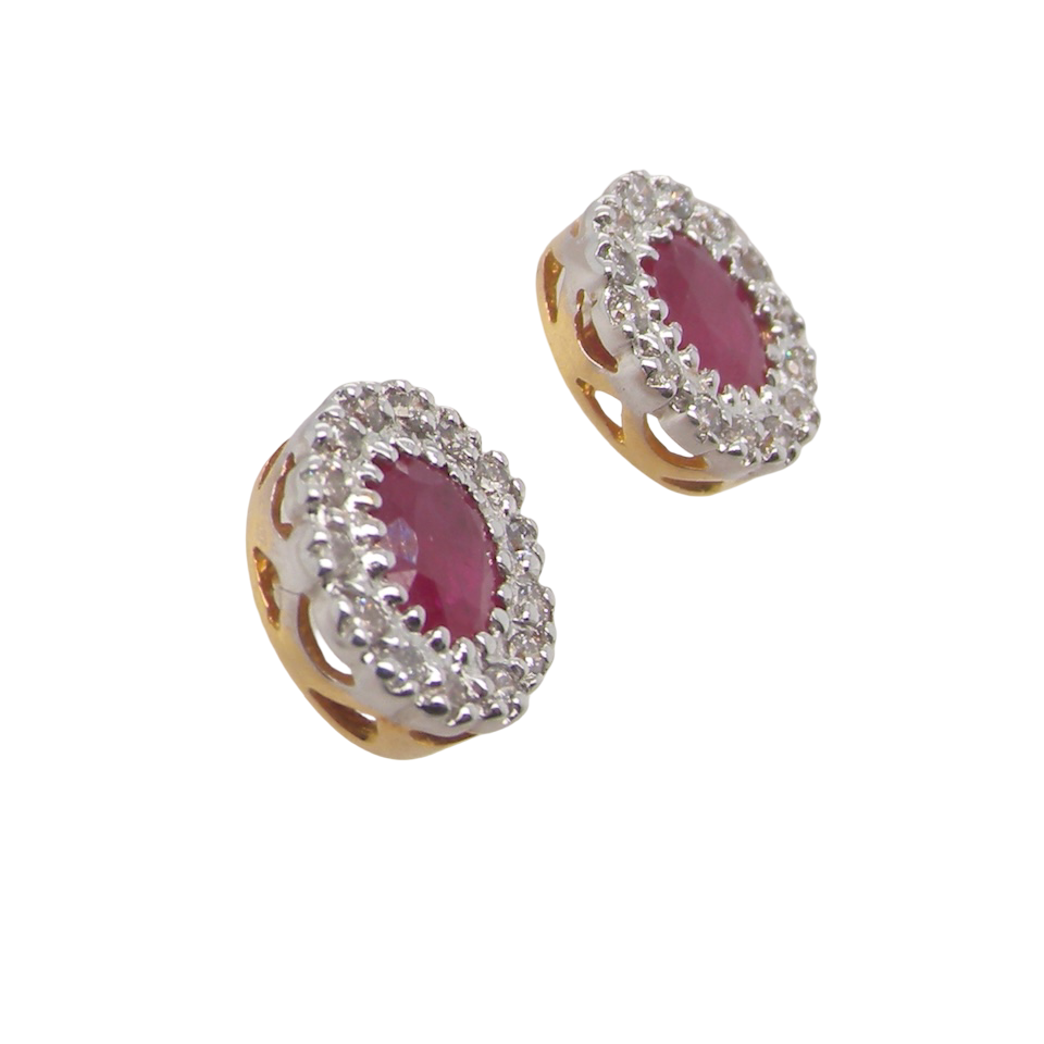 Suggestion
Pair of earrings with red gemstones and diamond-like stones on a white background