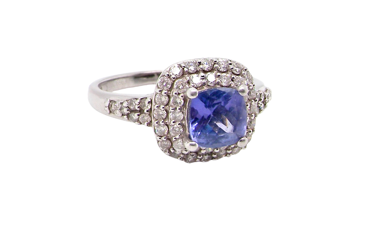white gold tanzanite and diamond cluster ring