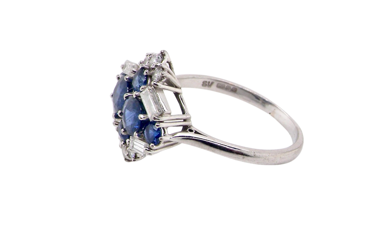 white gold sapphire and diamond cluster ring